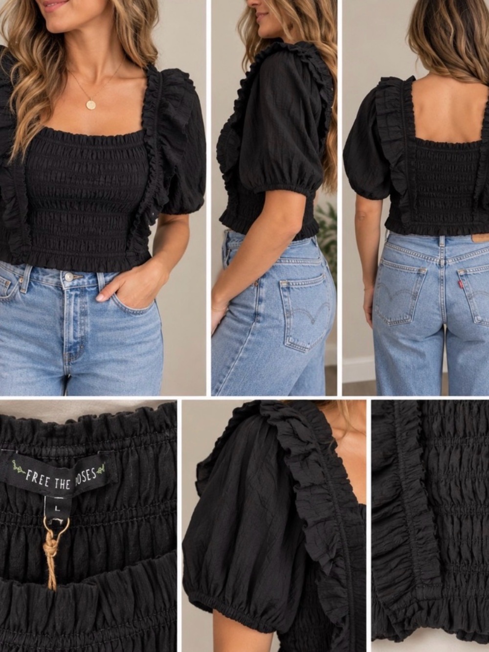 {FREE THE ROSES} Anthro brand black smocked crop top S